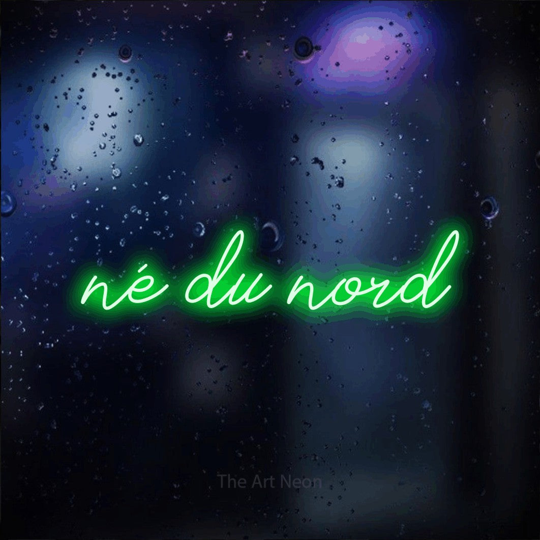 “Né du nord” LED neon sign in green, with cursive lettering, shown against glass with blue and purple reflections.