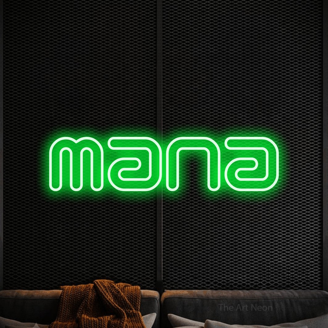“Mana” LED neon sign in green, with futuristic double-line lettering, shown against a modern dark-toned seating area.