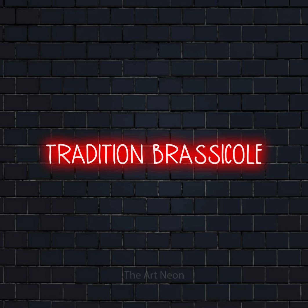 “Tradition brassicole” LED neon sign in red, with narrow hand-drawn lettering, shown against a dark navy brick wall.