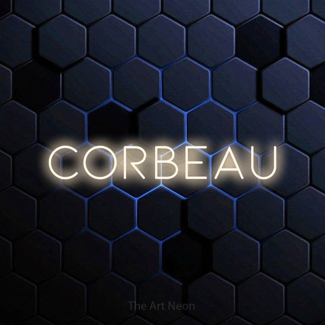 “Corbeau” LED neon sign in warm white, with thin, widely spaced lettering, shown against a dark blue honeycomb pattern.