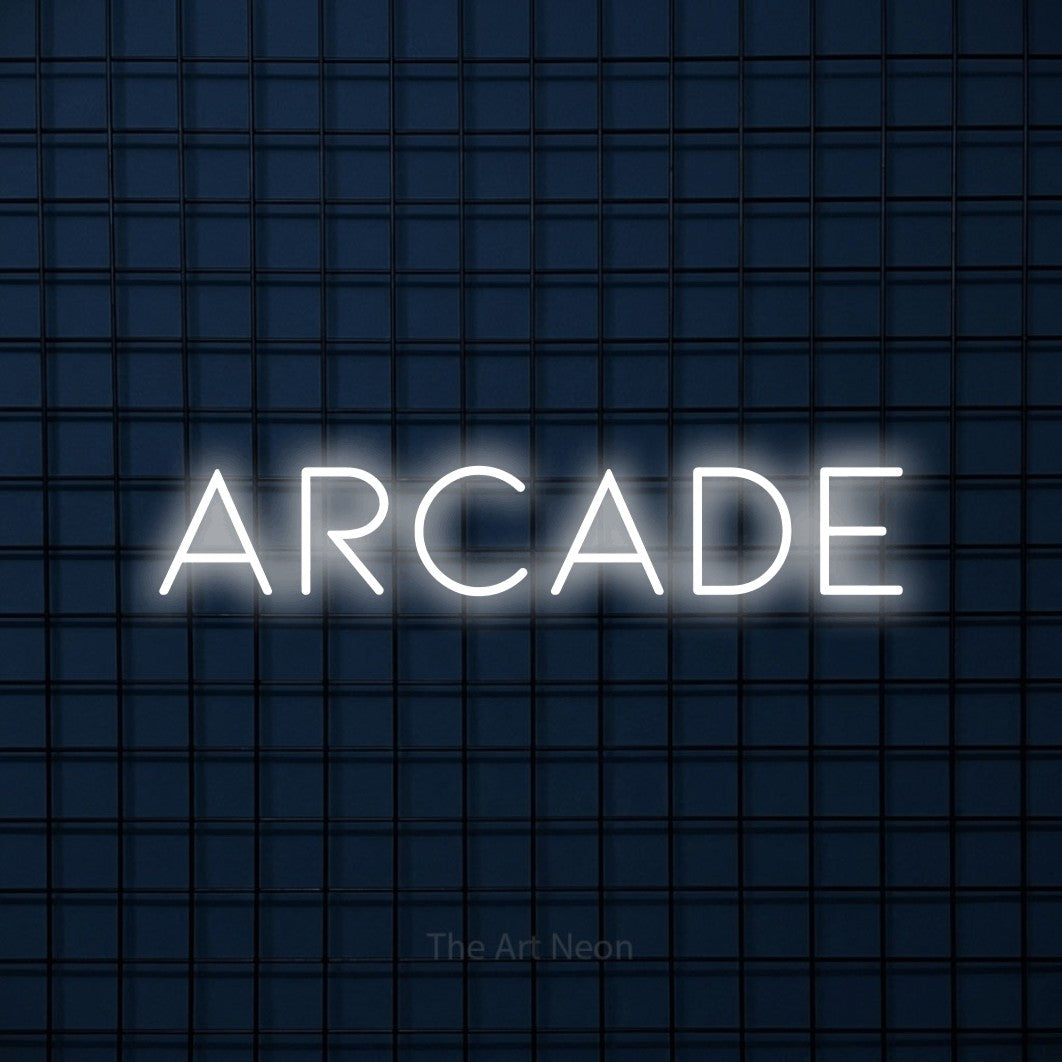 “Arcade” LED neon sign in cool white, with thin, widely spaced lettering, shown against a dark blue grid.
