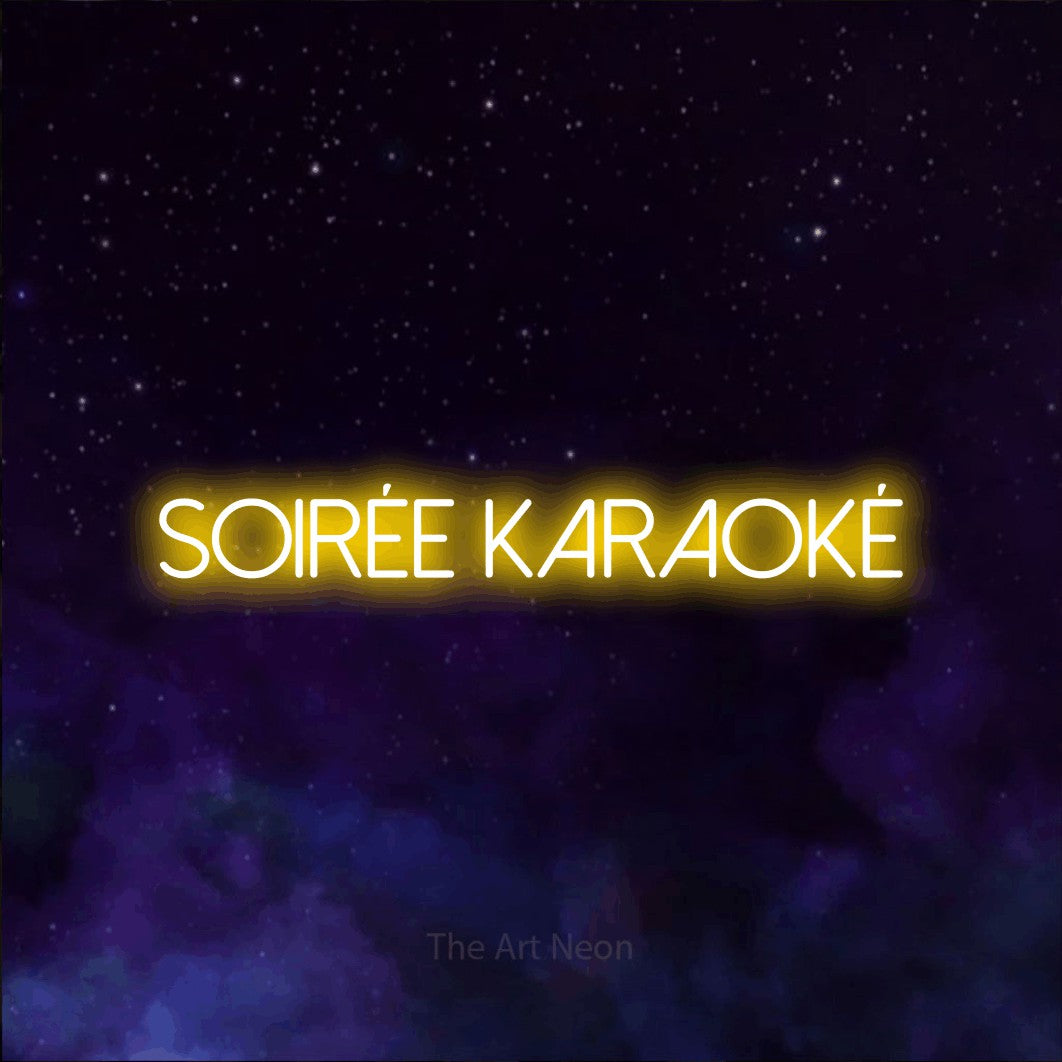 “Soirée karaoké” LED neon sign in yellow, with thin sans-serif lettering, shown against a purple galaxy backdrop.