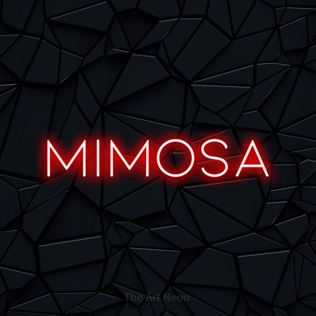 “Mimosa” LED neon sign in red, with thin, widely spaced lettering, shown against a black polygonal surface.