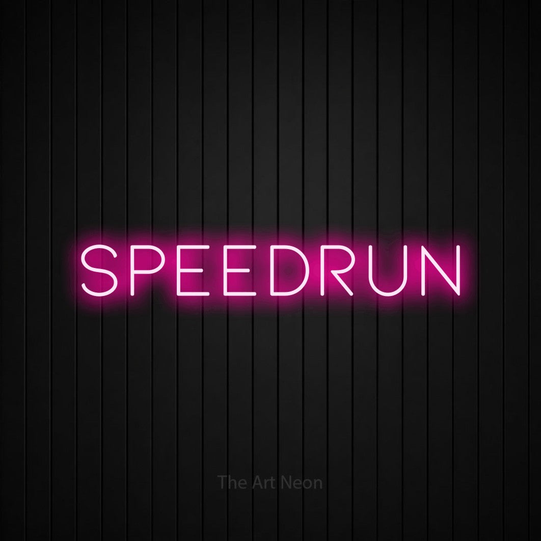 “Speedrun” LED neon sign in hot pink, with thin, widely spaced lettering, shown against black vertical wall slats.