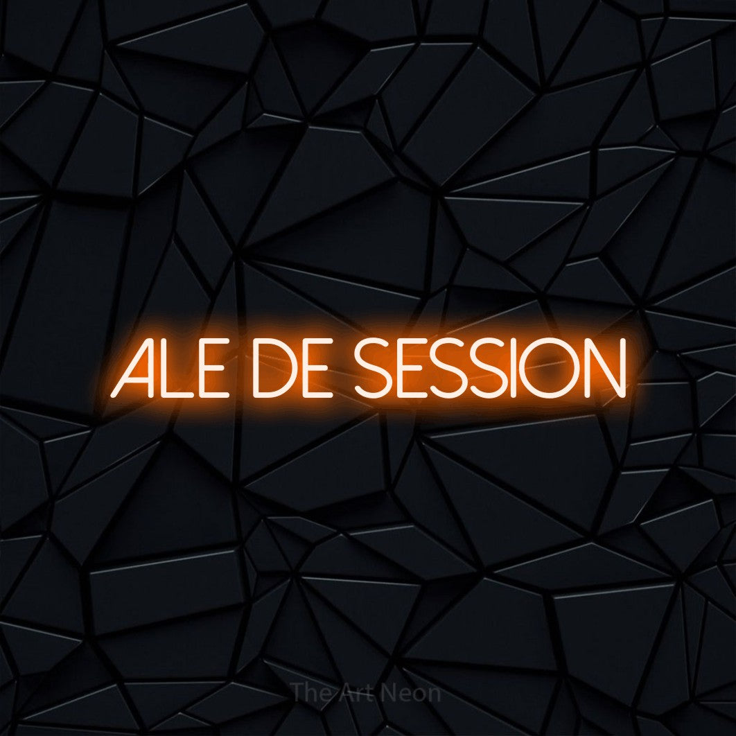 “Ale de session” LED neon sign in orange, with thin sans-serif lettering, shown against a black polygonal surface.