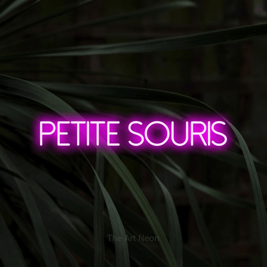 “Petite souris” LED neon sign in pink, with thin sans-serif lettering, shown against a close-up of dark foliage.