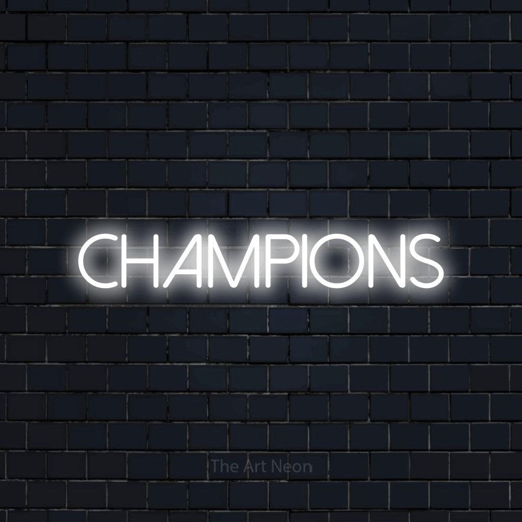 “Champions” LED neon sign in cool white, with thin sans-serif lettering, shown against a dark navy brick wall.