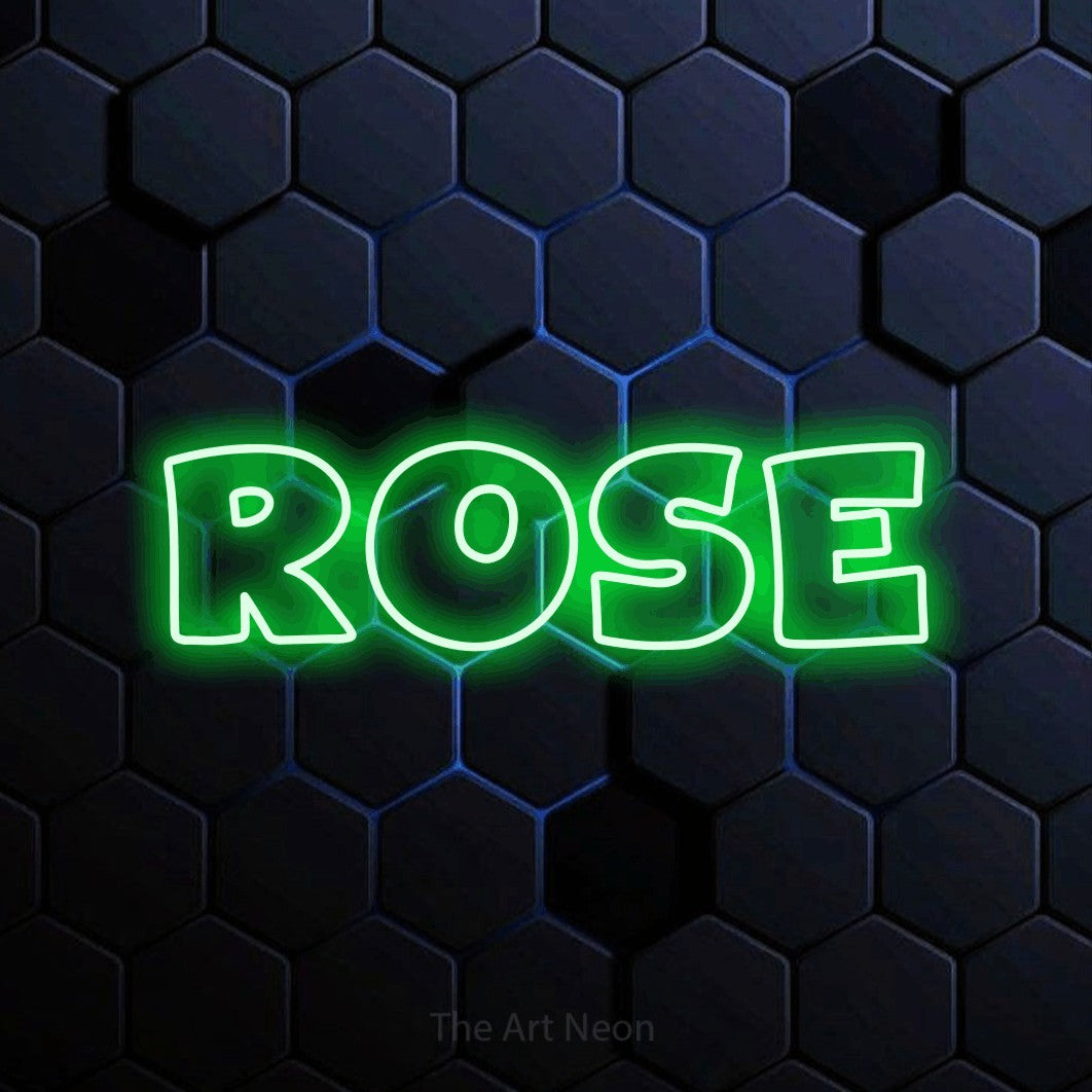 “Rose” LED neon sign in green, with wide lettering with irregular outlines, shown against a dark blue honeycomb pattern.