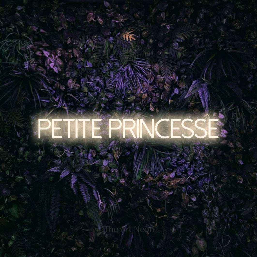 Aperçu d’une enseigne néon LED « Petite princesse » en blanc chaud, en lettres fines sans empattement, photographiée sur un mur sombre aux fleurs violettes, pour une chambre d’enfant.