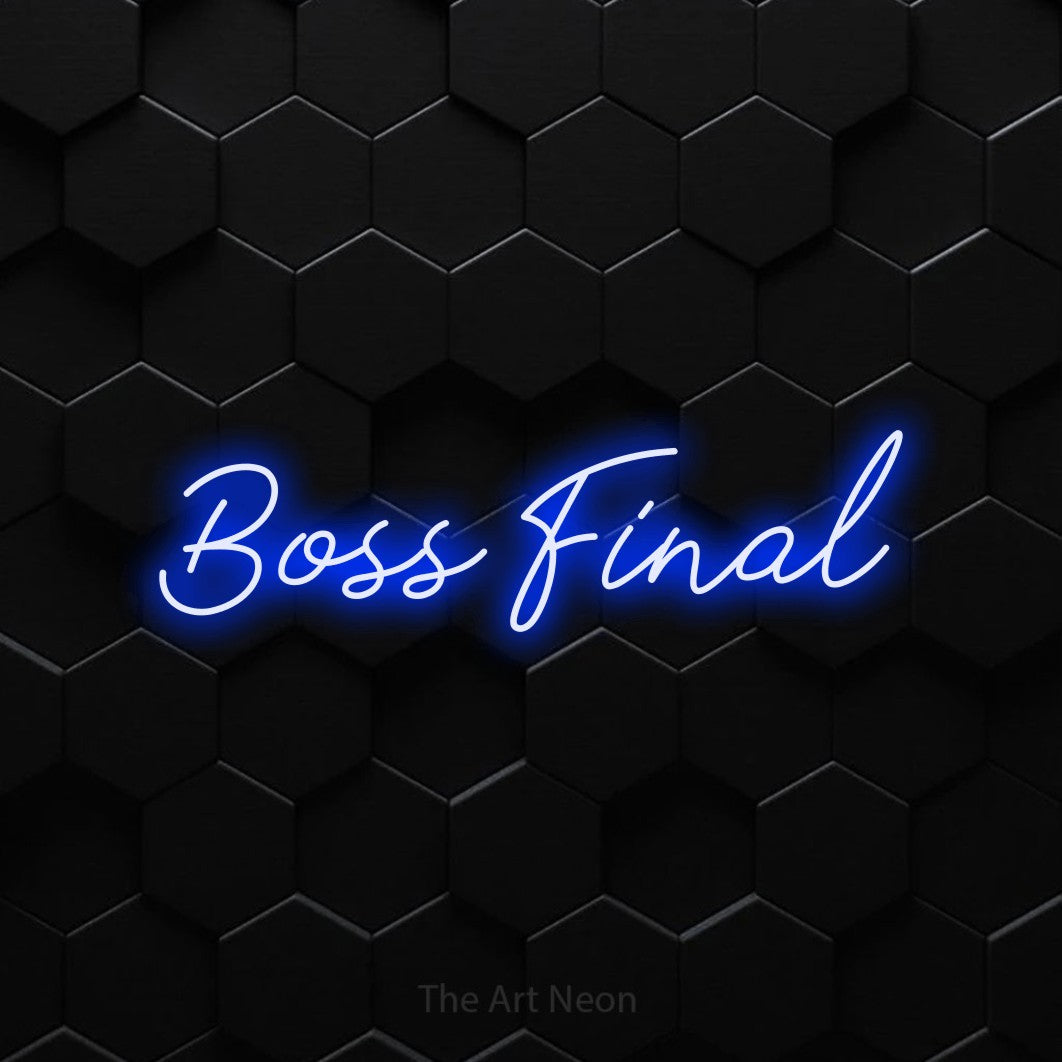 “Boss final” LED neon sign in blue, with cursive lettering, shown against black hexagonal wall tiles.