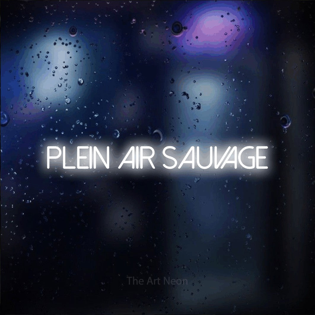 “Plein air sauvage” LED neon sign in cool white, with thin sans-serif lettering, shown against glass with blue and purple reflections.