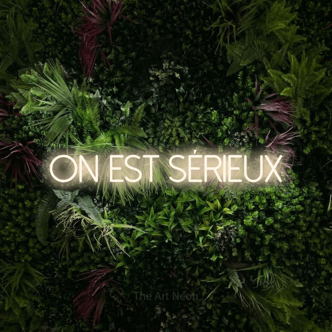 “On est sérieux” LED neon sign in warm white, with thin sans-serif lettering, shown against a plant wall with pink flowers.