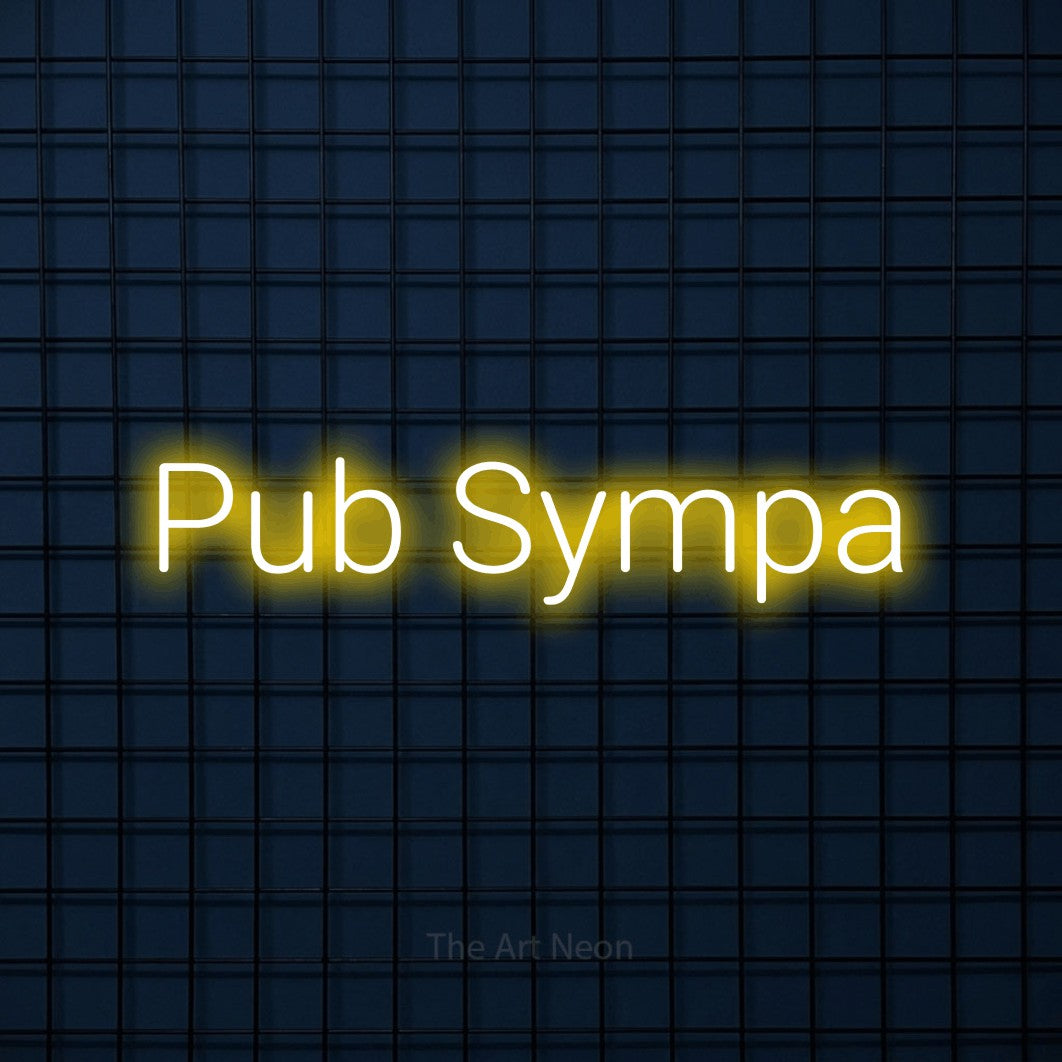 “Pub sympa” LED neon sign in yellow, with rounded sans-serif lettering, shown against a dark blue grid.
