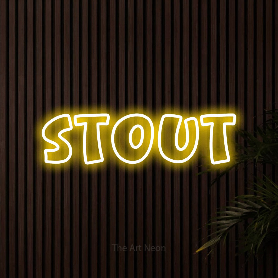 “Stout” LED neon sign in yellow, with rounded outline lettering, shown against dark wooden wall slats.
