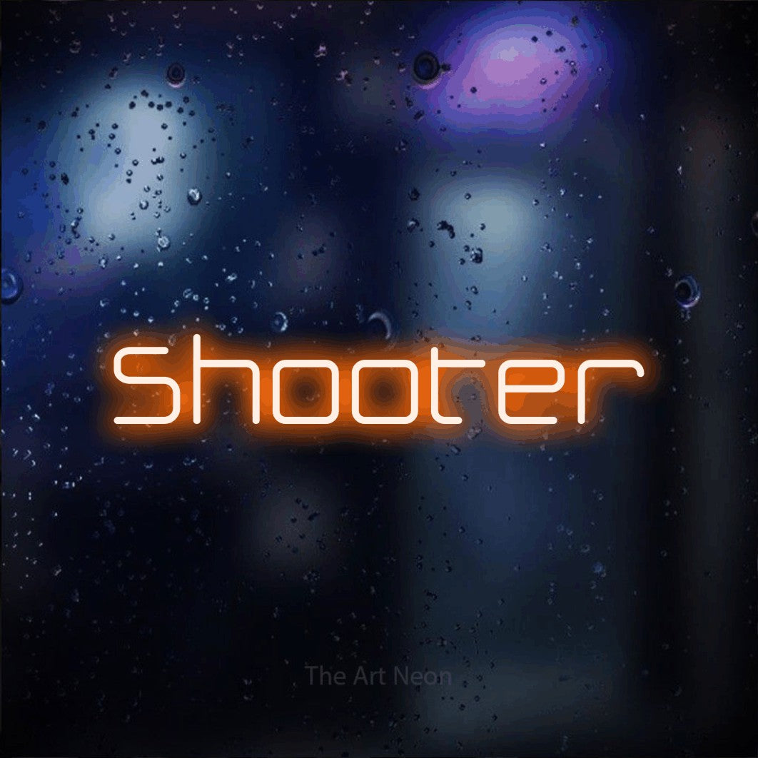 “Shooter” LED neon sign in orange, with rounded geometric lettering, shown against glass with blue and purple reflections.
