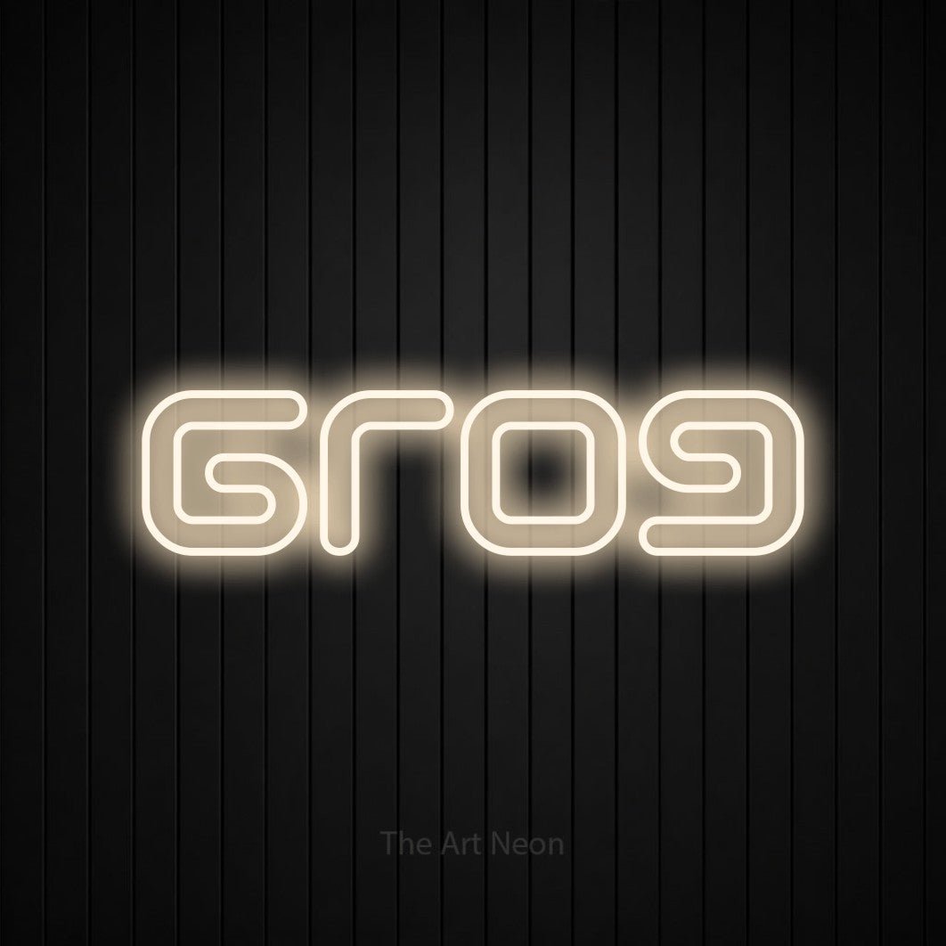 “Grog” LED neon sign in warm white, with futuristic double-line lettering, shown against black vertical wall slats.