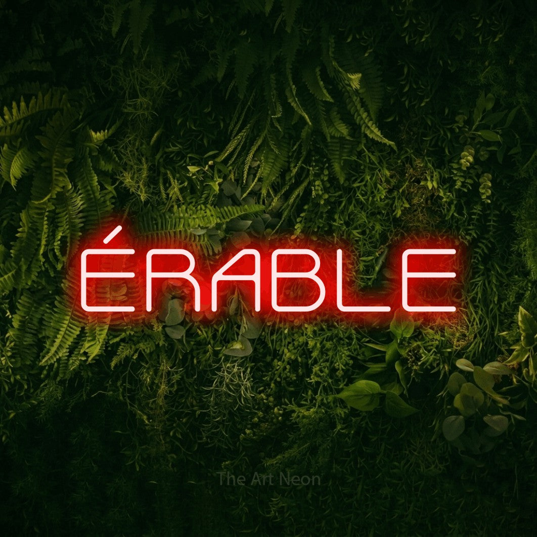 “Érable” LED neon sign in red, with rounded geometric lettering, shown against a dark moss and forest backdrop.