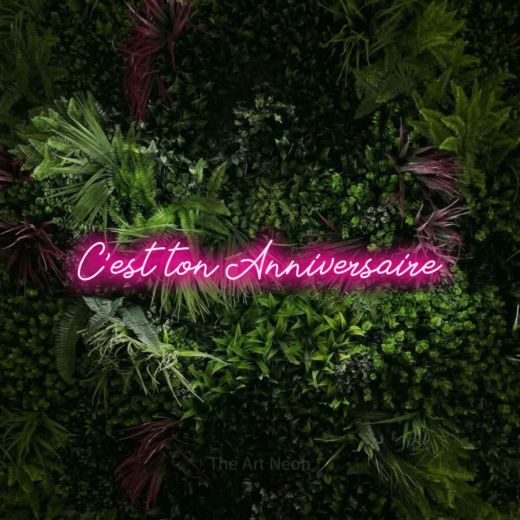 “C'est ton anniversaire” LED neon sign in hot pink, with cursive lettering, shown against a plant wall with pink flowers.